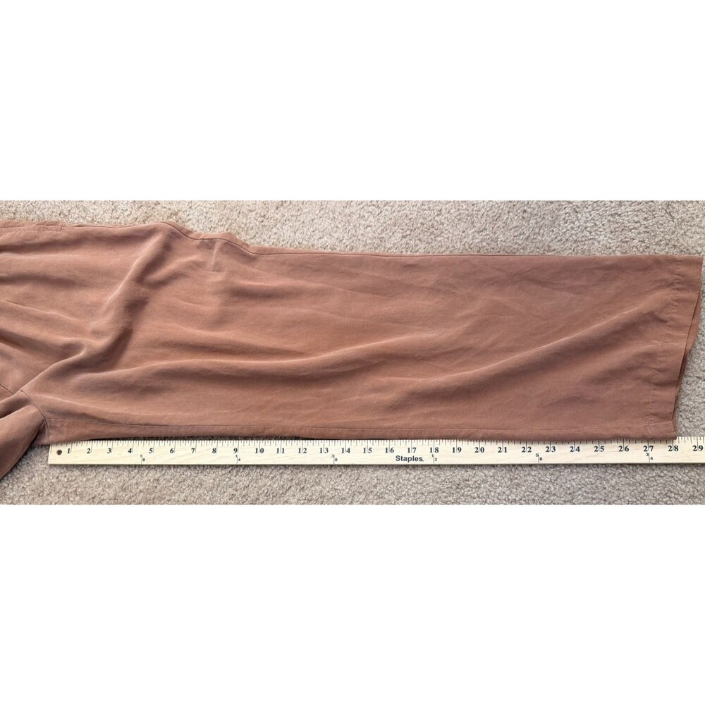 Vintage Terracotta Brown 100% Silk M Straight Leg Pants Elastic Waist Pockets - Picture 6 of 11